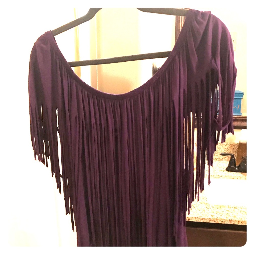 Off the shoulder fringe purple top!
